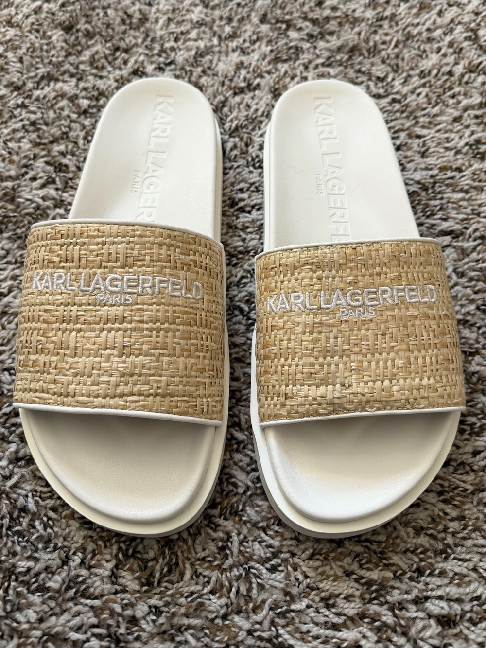 Karl Lagerfeld White & Natural Raffia Slide Sandals